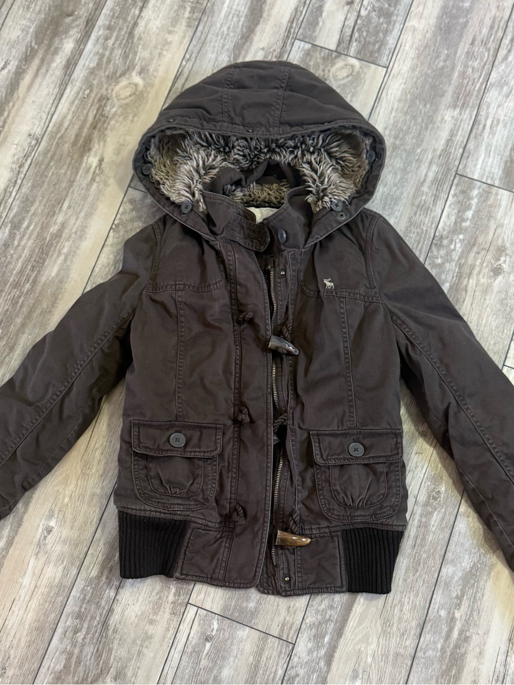Abercrombie & Fitch Brown Hooded Utility Jacket with Faux-Fur Lining